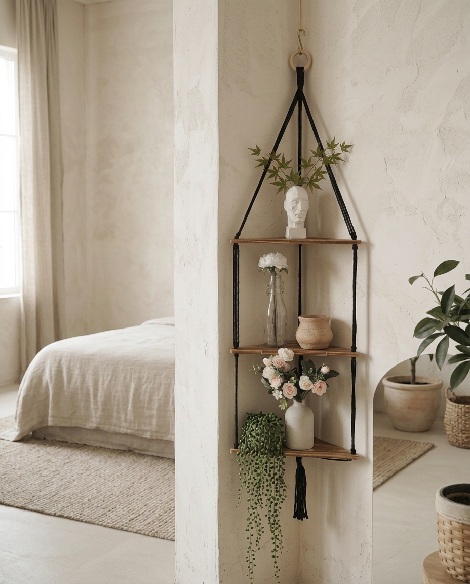 Macrame Corner Shelf — hanging in a bright bedroom corner beside a linen bed