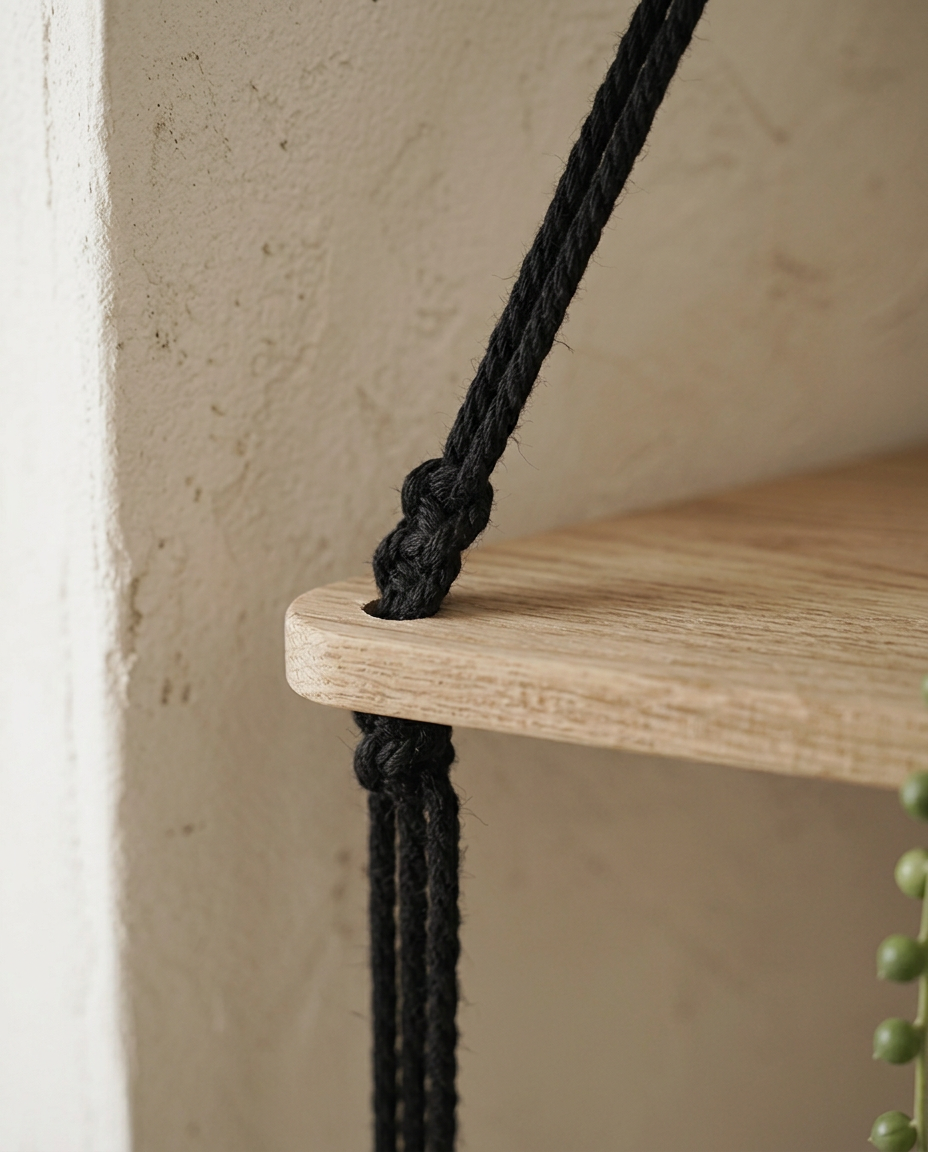 Macrame Corner Shelf — macro detail of knotted cotton cord against the timber board
