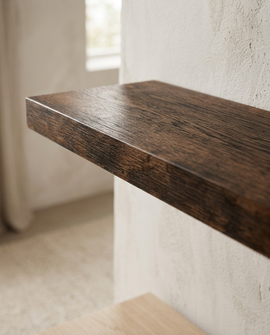 Invisible Bracket Floating Shelf — close detail of the concealed mounting and timber edge