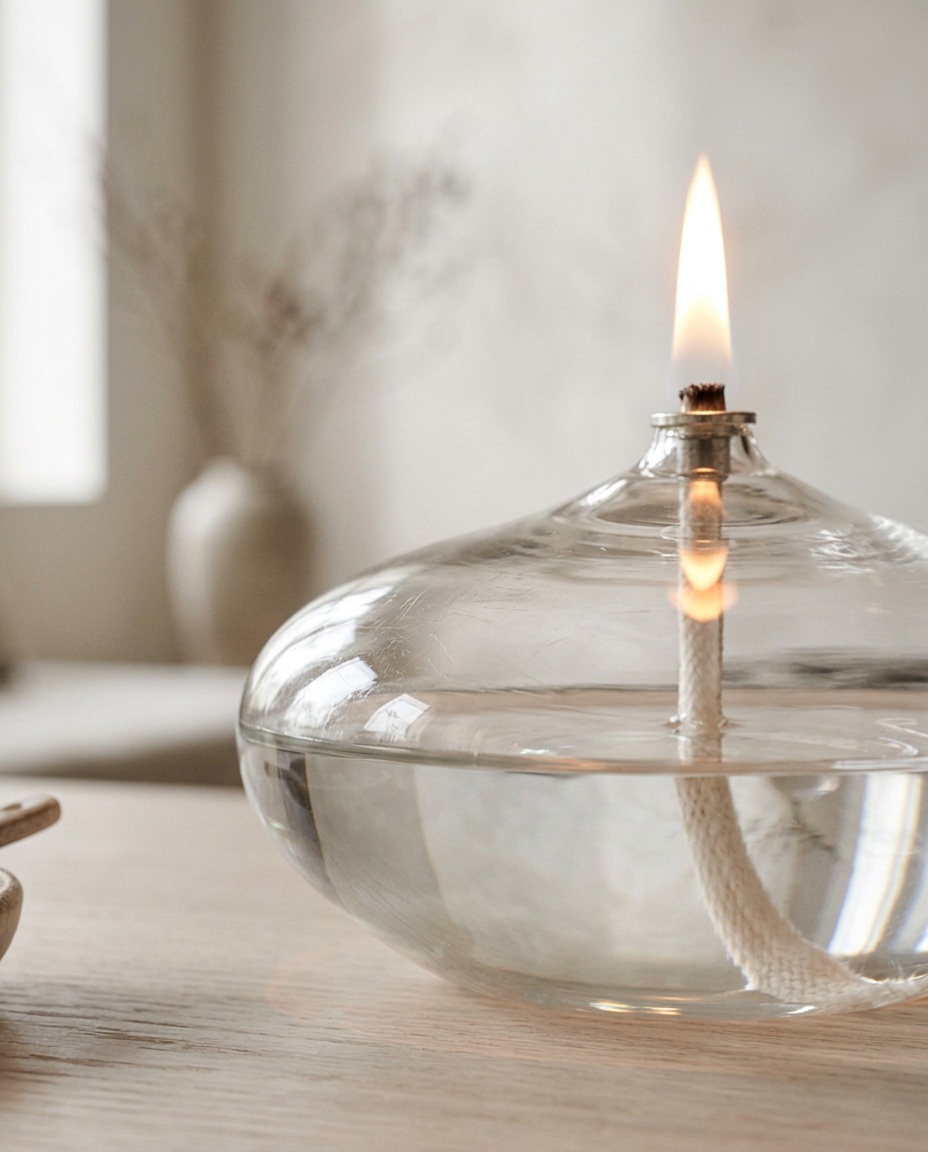 Glass Oil Lamp Candle Holder — close detail of blown glass and lit wick