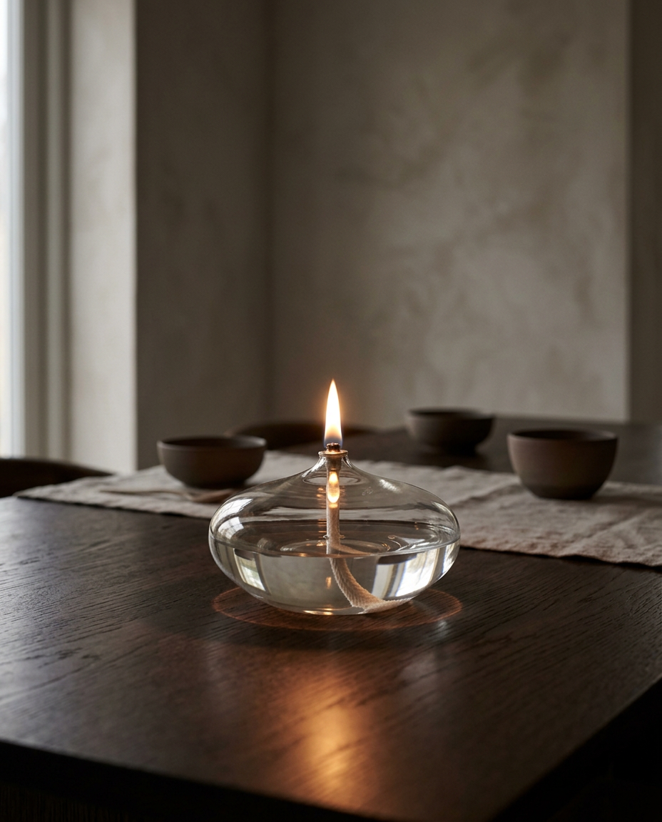 Glass Oil Lamp Candle Holder — alight on an oak dining table at night