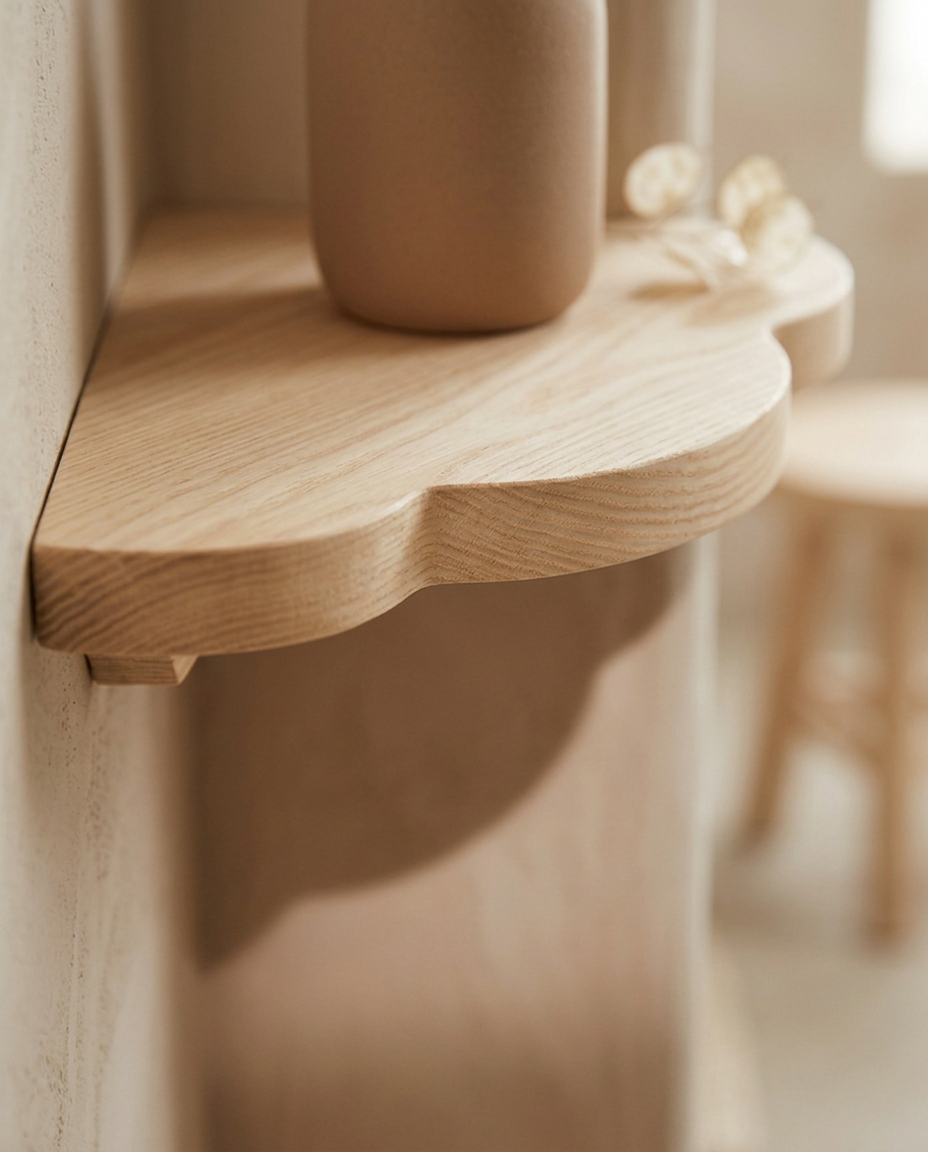 Scalloped Corner Shelf — close detail of the scalloped edge and finish