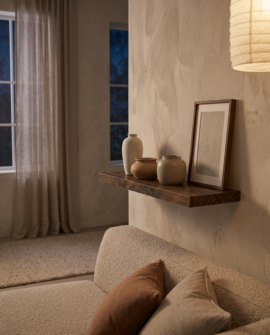 Invisible Bracket Floating Shelf — above a living room sofa, low wide angle