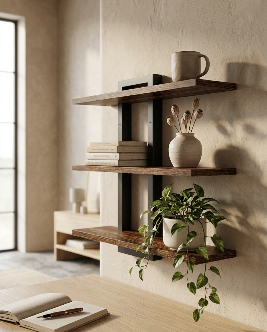 Wooden Floating Shelves (Set of 3) — above a home office desk, side angle