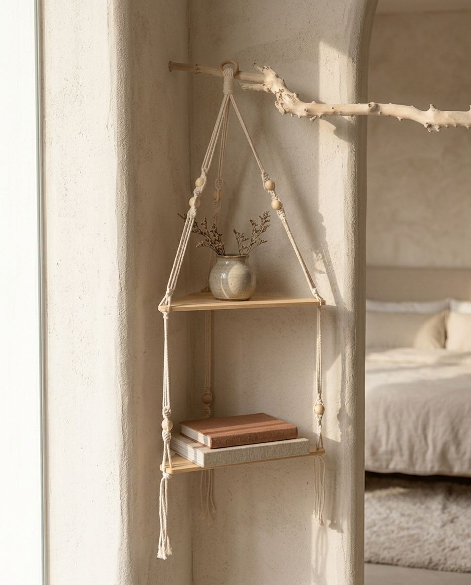 Wooden Corner Wall Shelf — styled in a sunlit bedroom corner, low angle