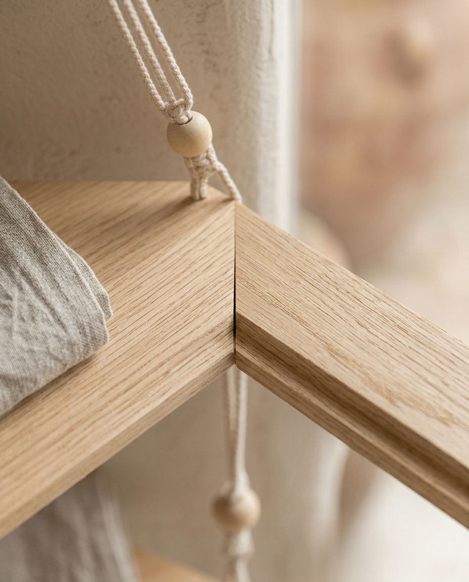Wooden Corner Wall Shelf — close detail of oak grain and mitred corner joint
