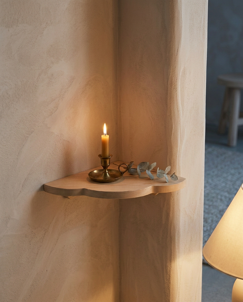 Scalloped Corner Shelf — in a hallway corner at dusk with candle and dried stems