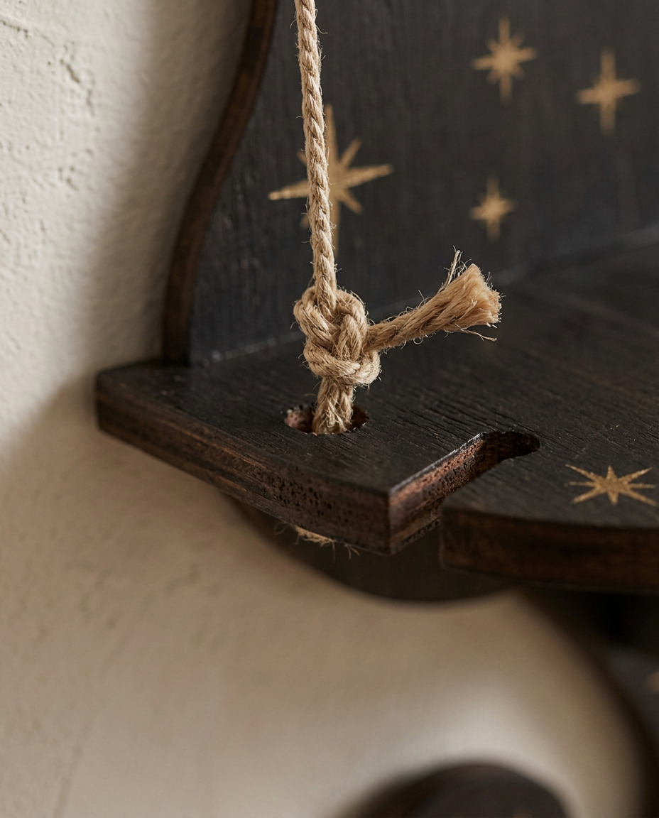 Wooden Hanging Wall Shelf — macro detail of rope knot through the timber board