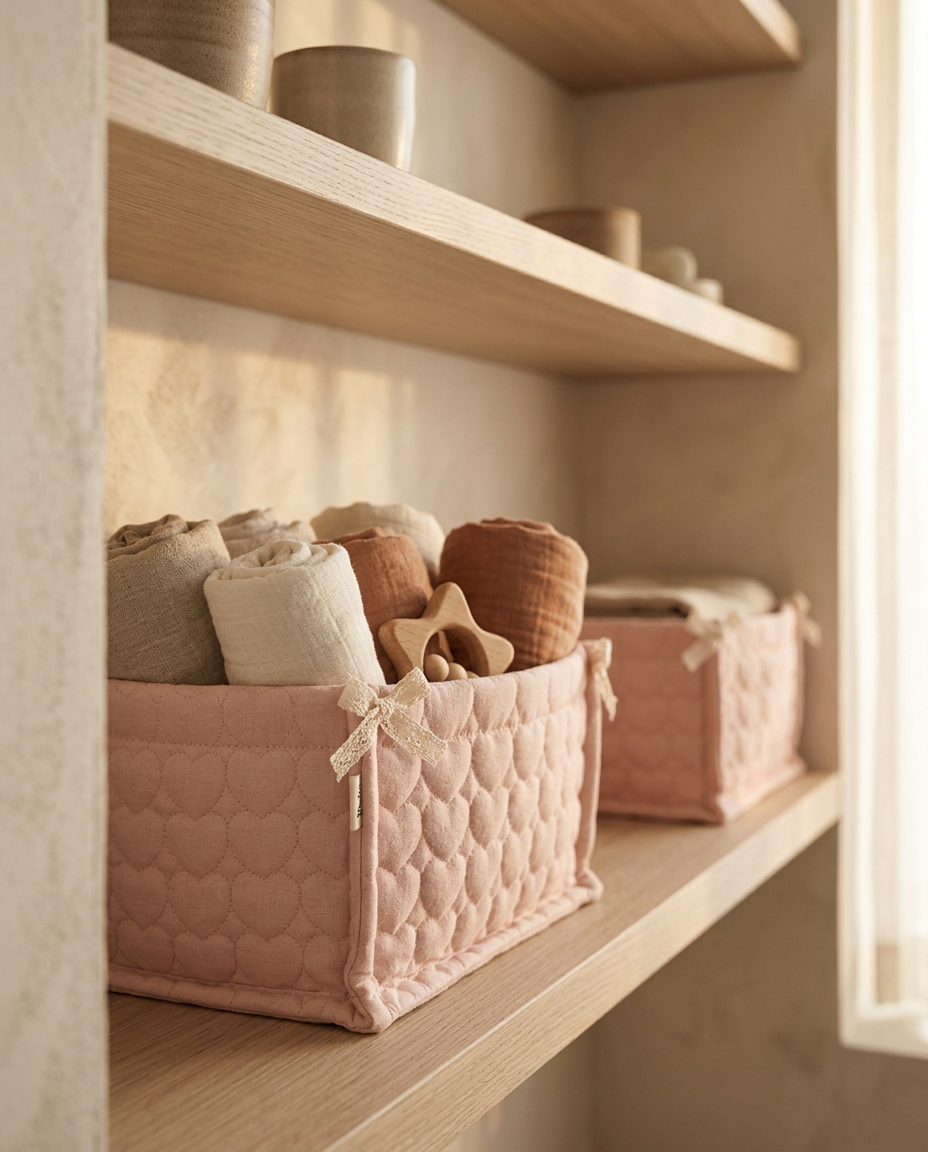 Quilted Storage Basket — in use on a nursery shelf with rolled blankets