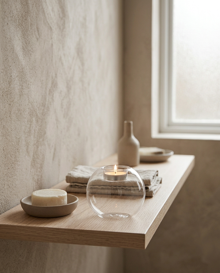 Round Glass Candle Holder — on a bathroom shelf with folded linen towels