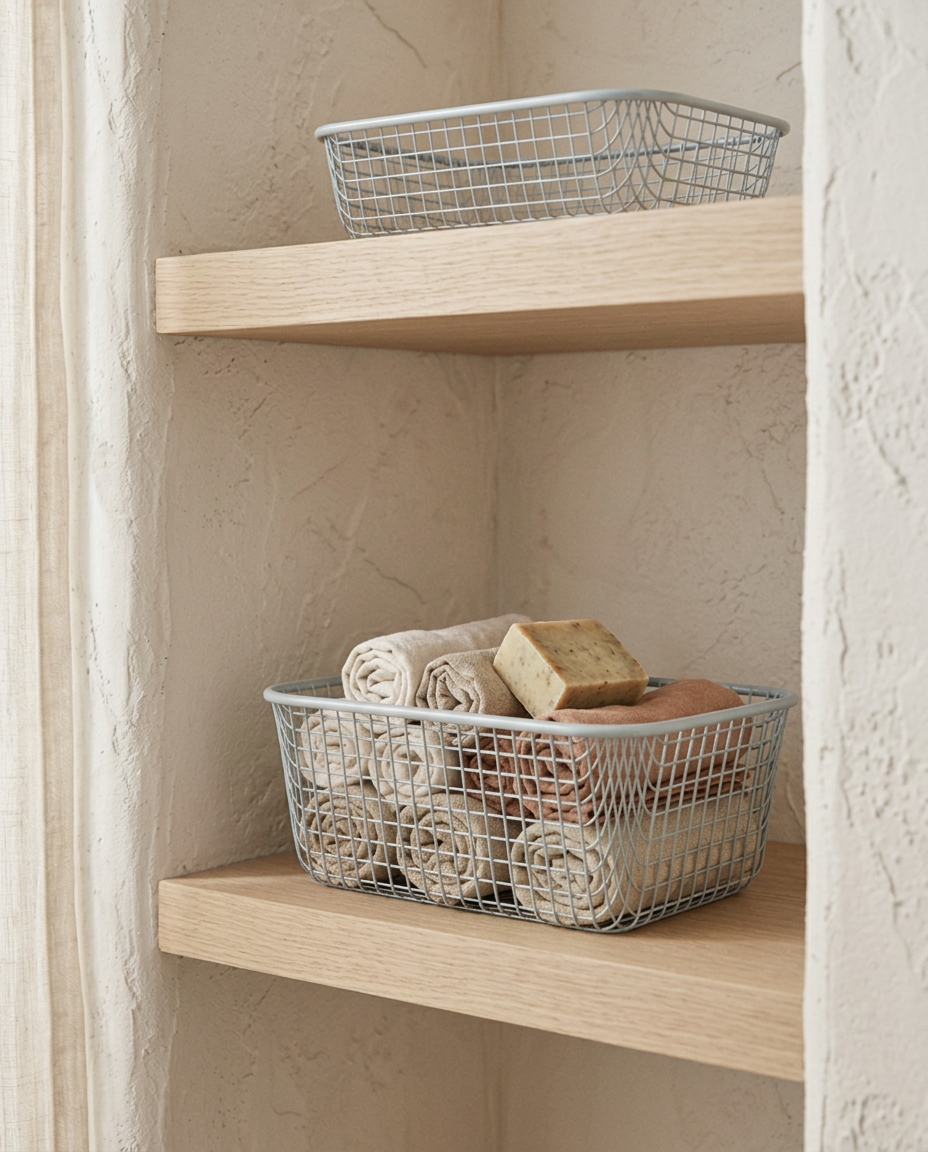 Metal Wire Storage Basket — in use on a utility room shelf with linen cloths