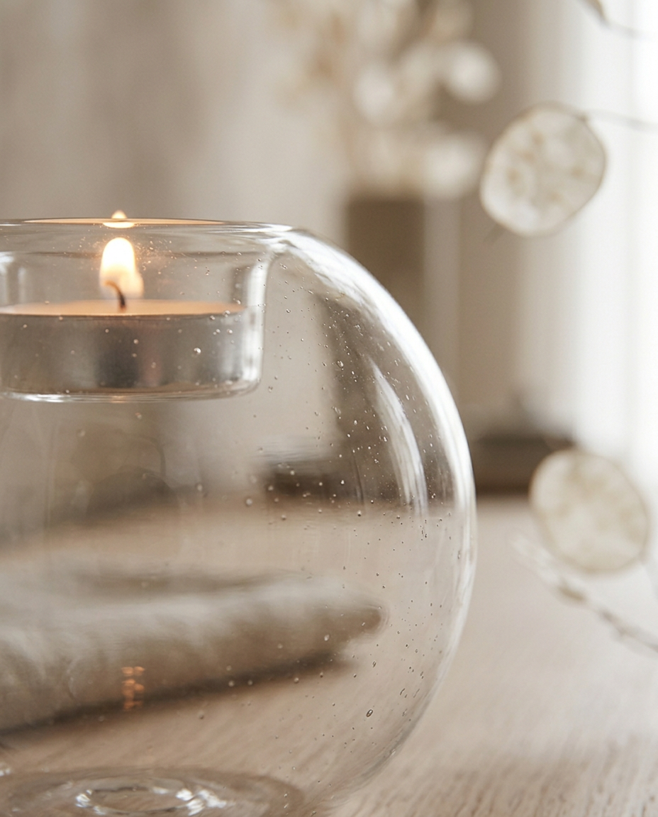 Round Glass Candle Holder — close detail of curved glass and candle glow