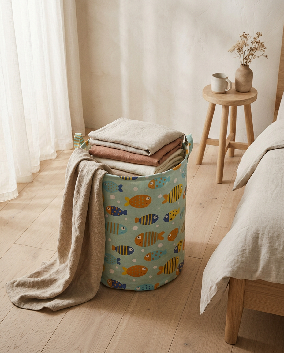 Cotton Linen Laundry Basket — in use in a bedroom corner, viewed from above