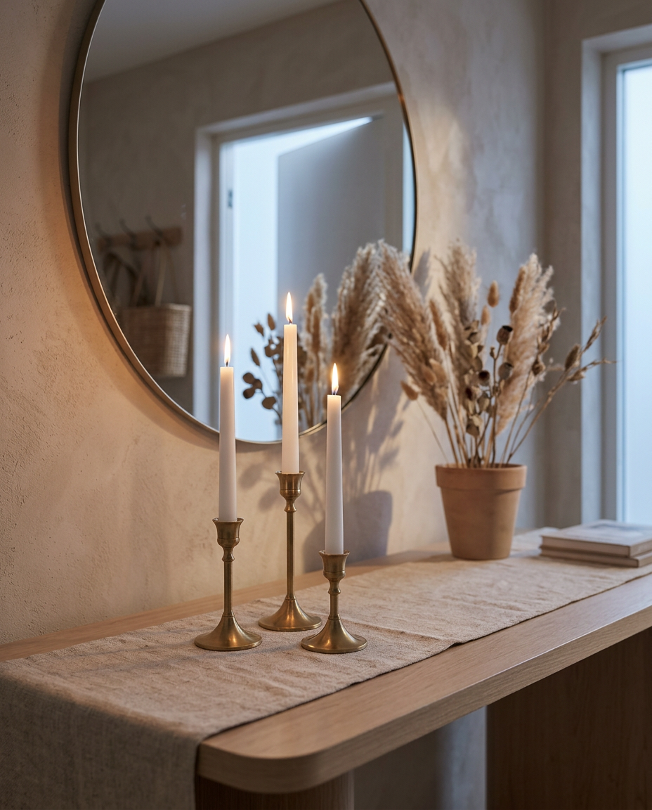Metal Candle Holders (Set of 3) — lit on an entryway console at dusk