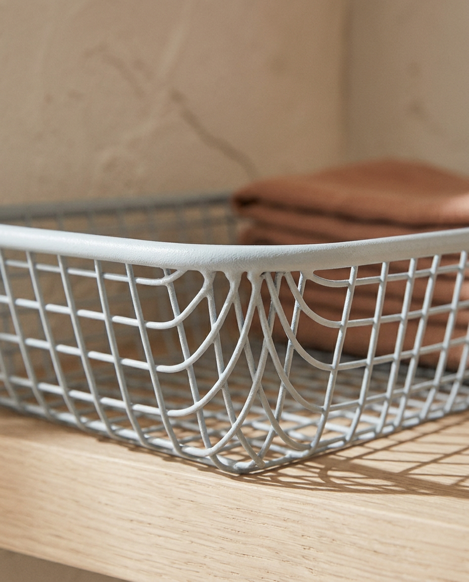Metal Wire Storage Basket — close detail of the welded wire mesh and rim