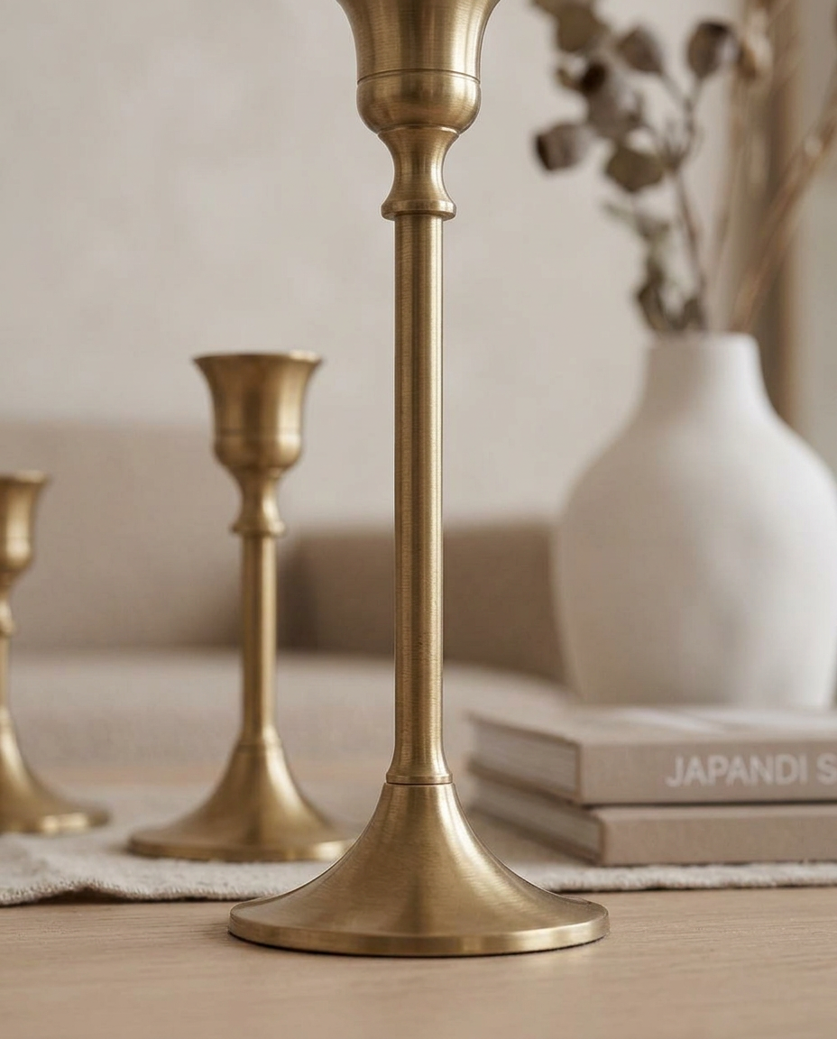Metal Candle Holders (Set of 3) — close detail of the brushed metal finish