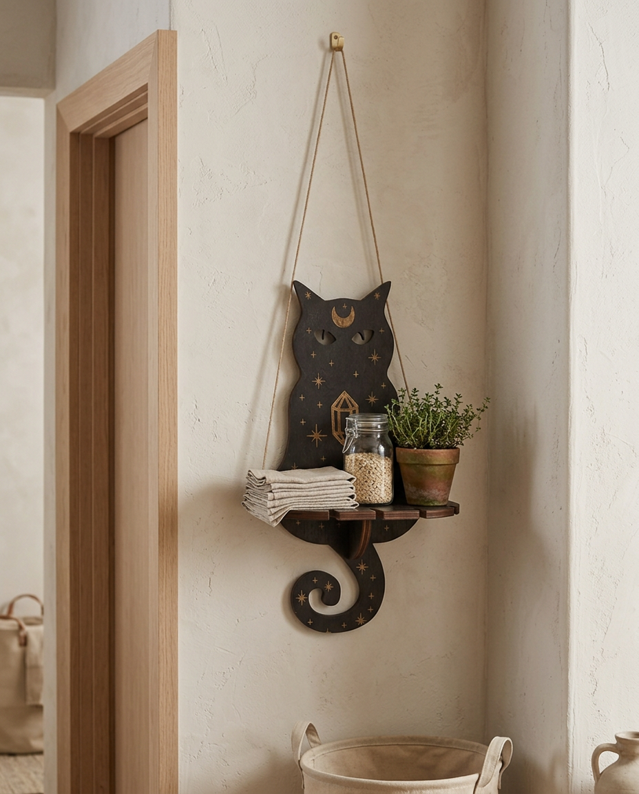Wooden Hanging Wall Shelf — in a utility corner with tea towels and a potted herb