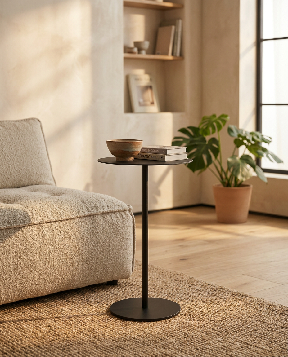 Scandinavian Round Side Table — beside a sofa at golden hour, low angle