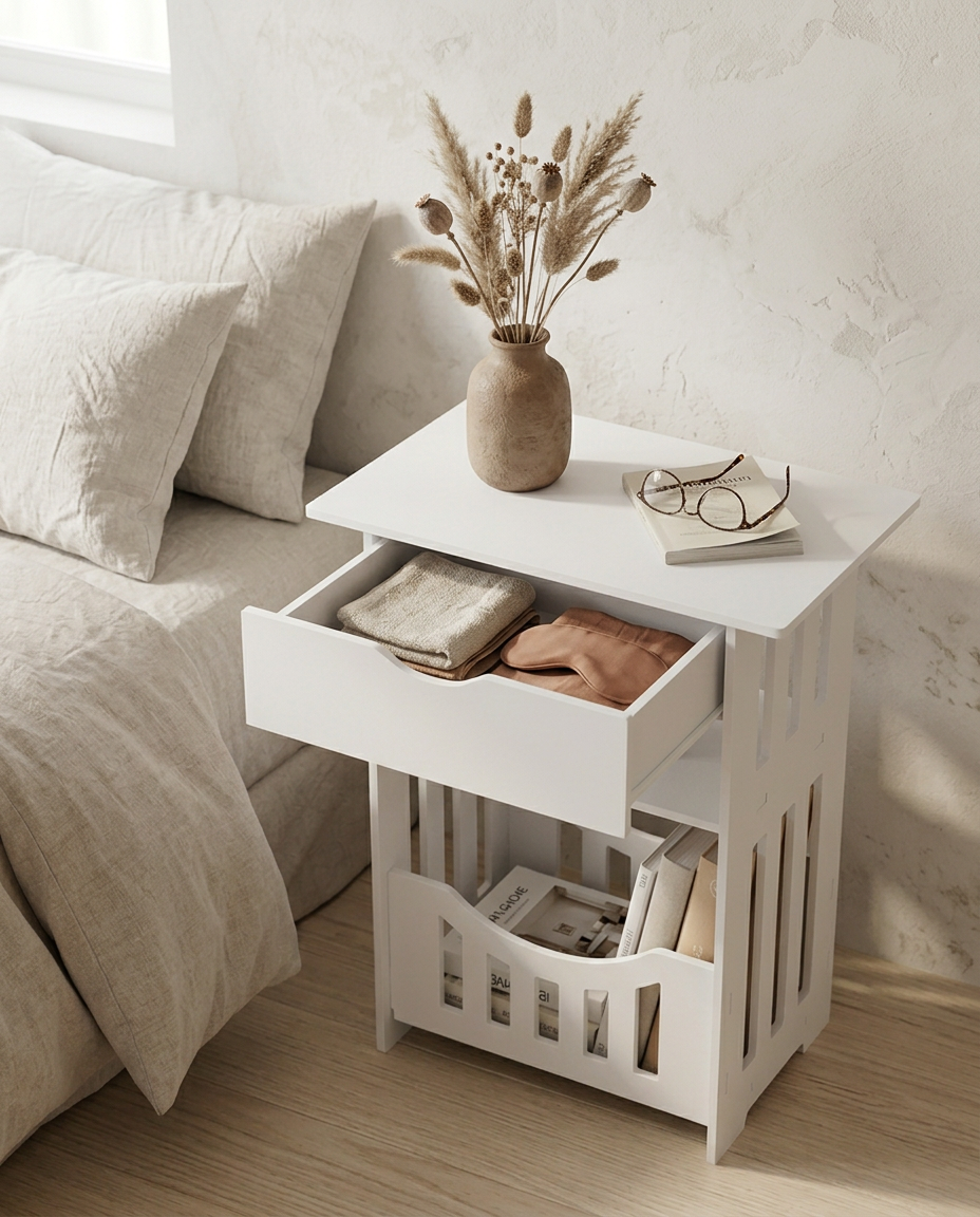 Bedside Storage Side Table — in use in a bedroom with the drawer part open