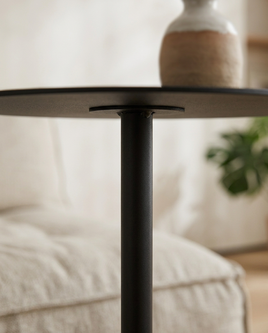 Scandinavian Round Side Table — close detail of the tapered leg joint and grain