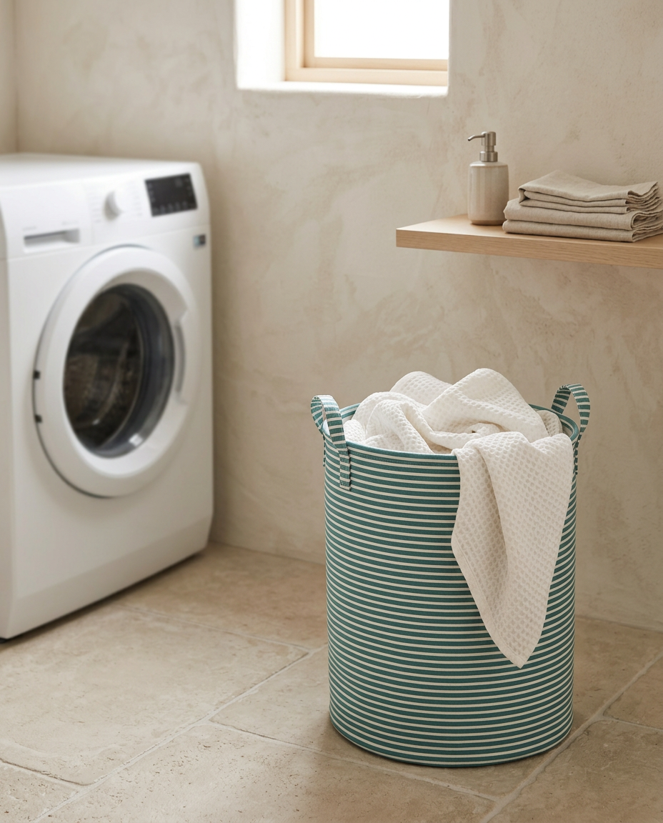 Striped Laundry Basket — in use in a utility corner, seen from above