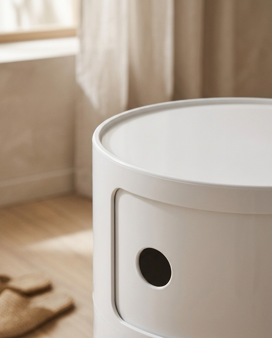 Round White Bedside Table — close detail of the curved rim and matte finish