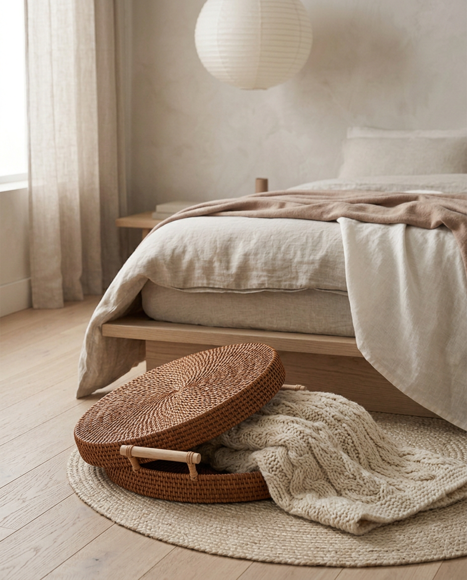 Rattan Basket With Lid — in use at the foot of a bed, lid half open