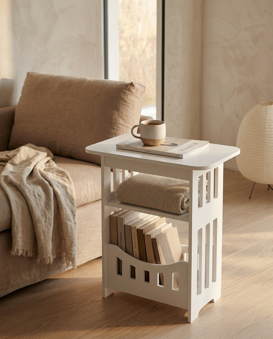 Nordic Storage Side Table — in use beside a reading chair, storage lid ajar