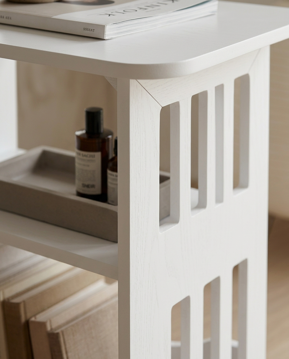 Nordic Storage Side Table — close detail of the tabletop edge and leg joint