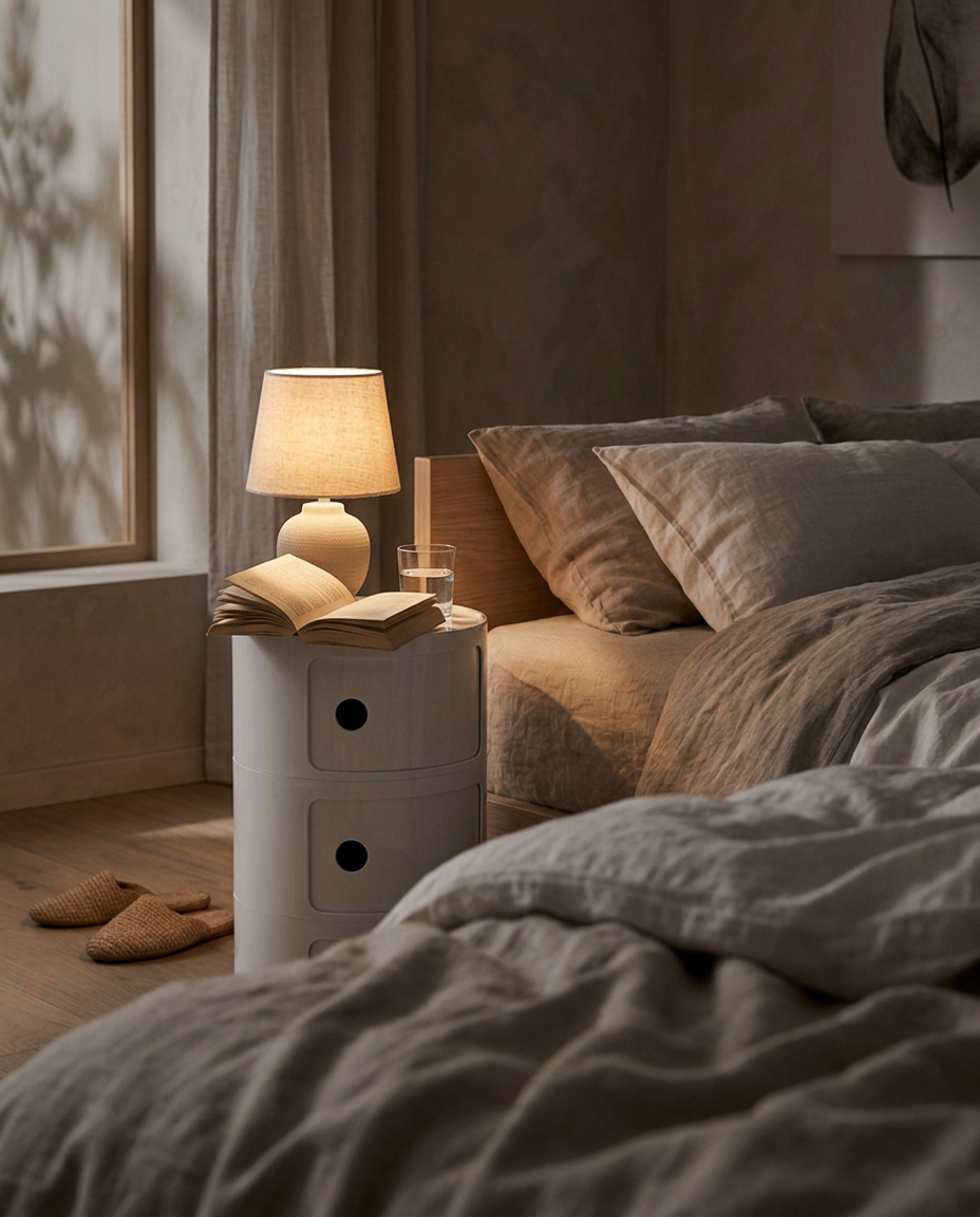 Round White Bedside Table — beside a bed at night with a lamp and book