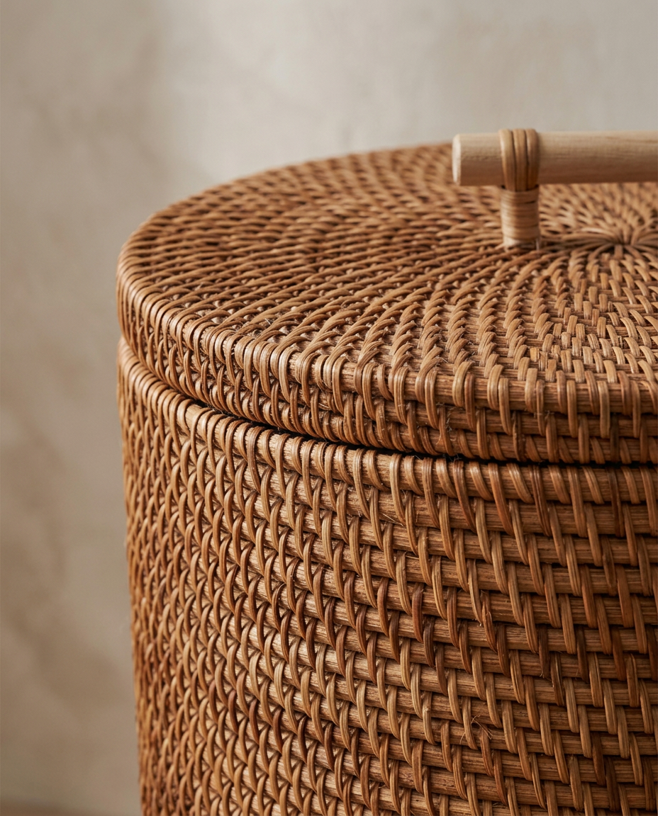Rattan Basket With Lid — macro detail of the woven rattan at the lid rim
