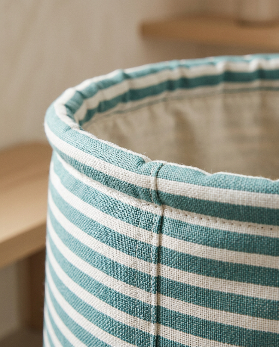 Striped Laundry Basket — close detail of the woven stripe and rolled rim