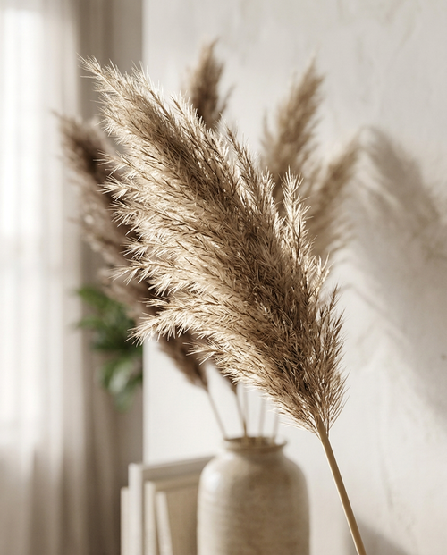 Artificial Pampas Grass — backlit macro detail of a single feathery plume