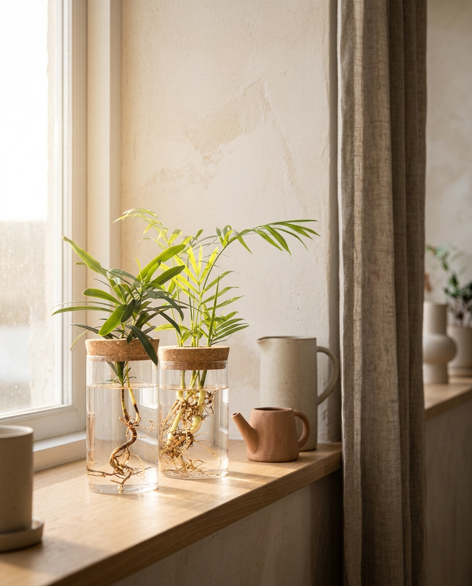 Glass Propagation Vase — backlit on a sunlit kitchen windowsill