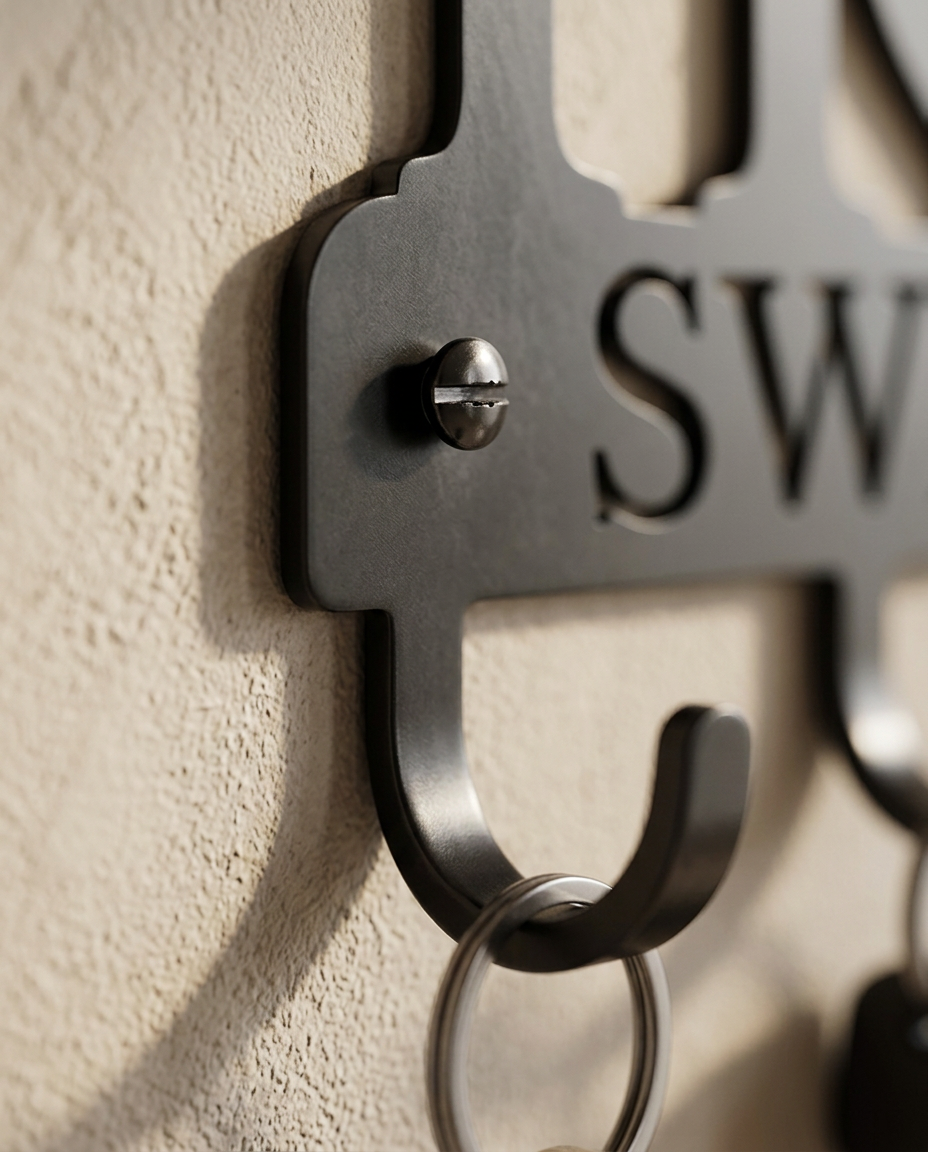 Metal Wall Key Hooks — close detail of a single hook and mounting plate