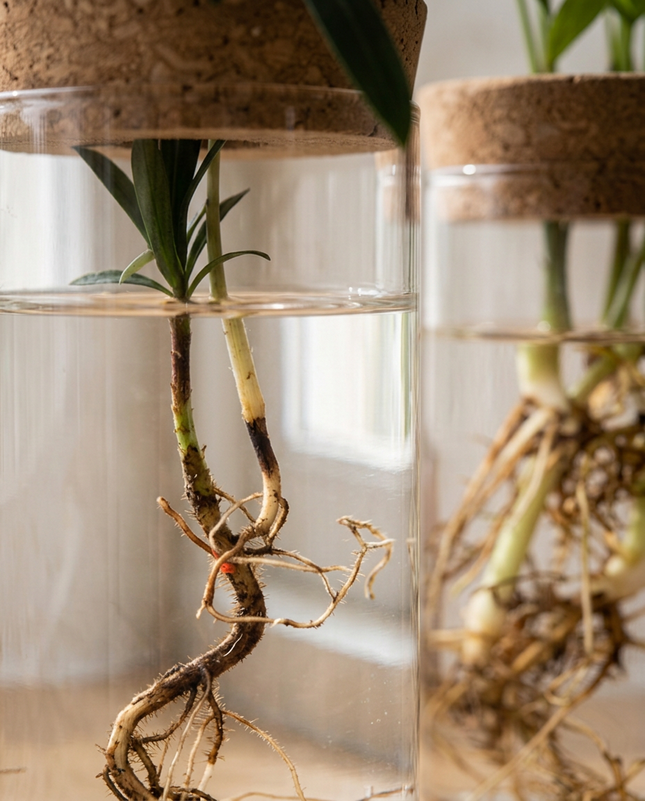 Glass Propagation Vase — close detail of glass, water line and roots