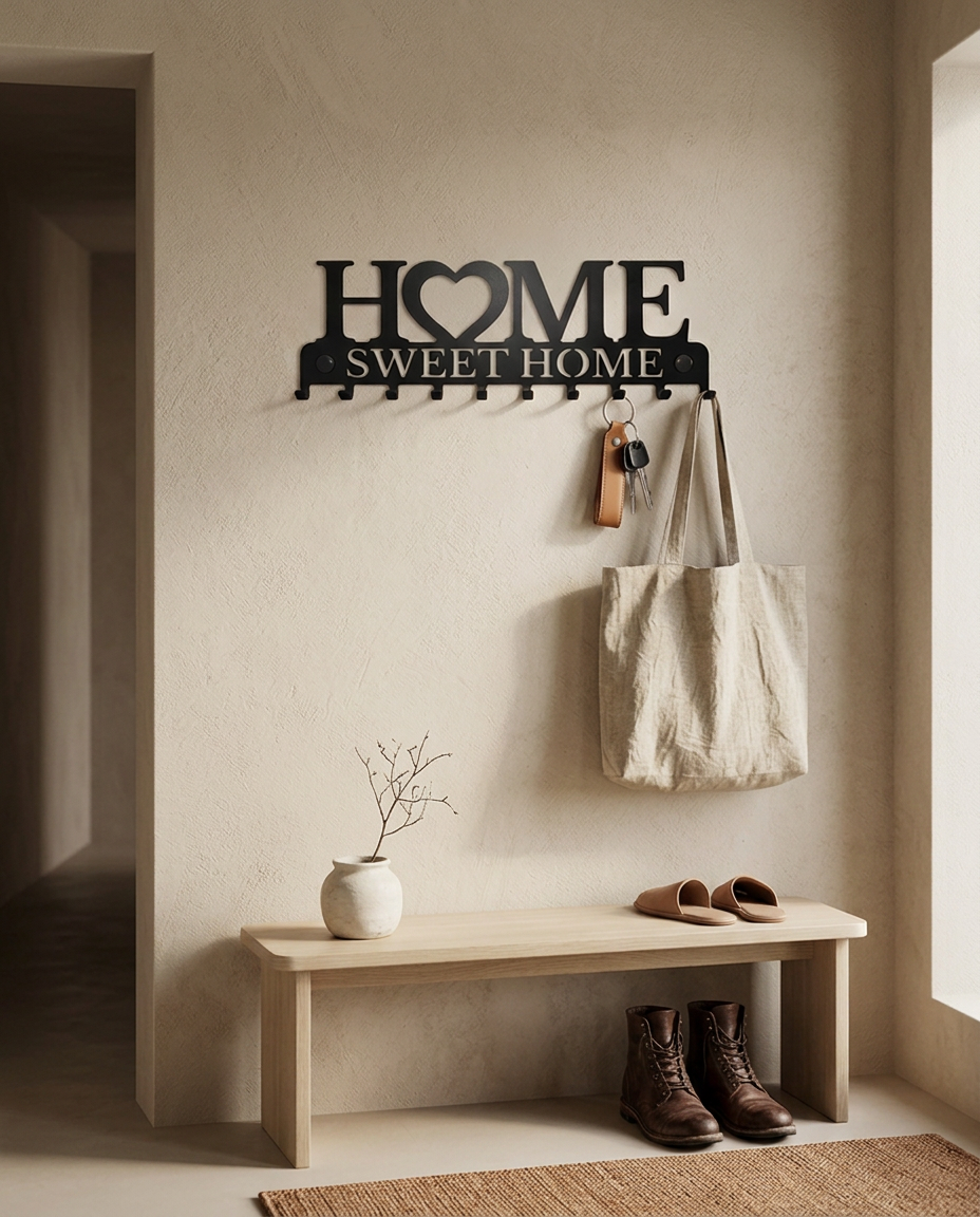 Metal Wall Key Hooks — in use in an entryway with keys and a tote bag