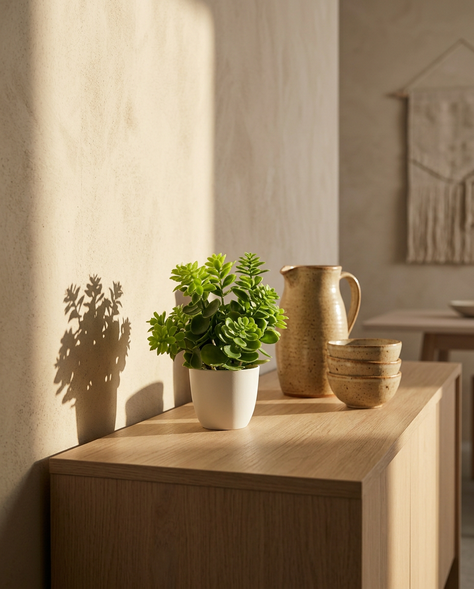 Artificial Potted Plant — on a dining room sideboard in late afternoon sun