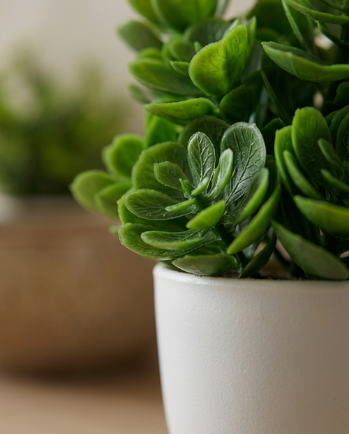 Artificial Potted Plant — macro detail of leaf texture and the planter rim