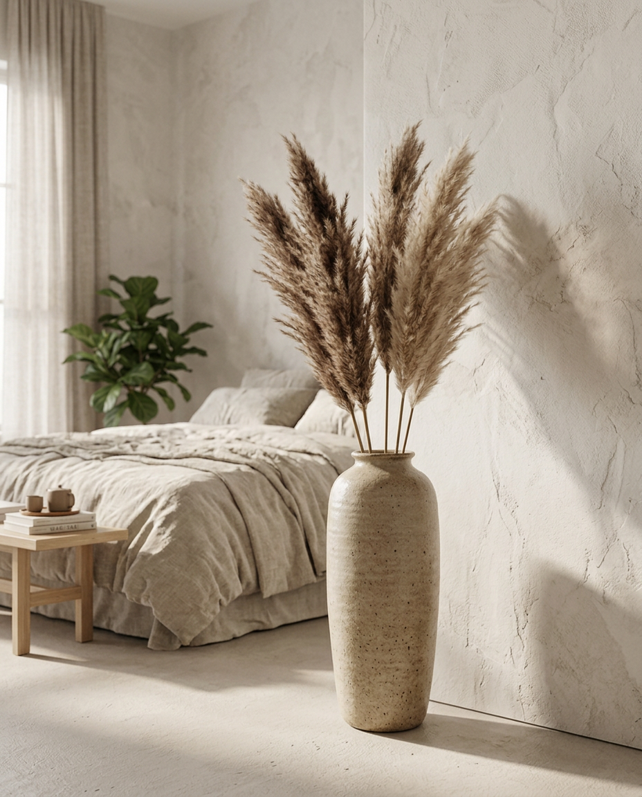 Artificial Pampas Grass — in a tall floor vase in a bedroom corner at dusk