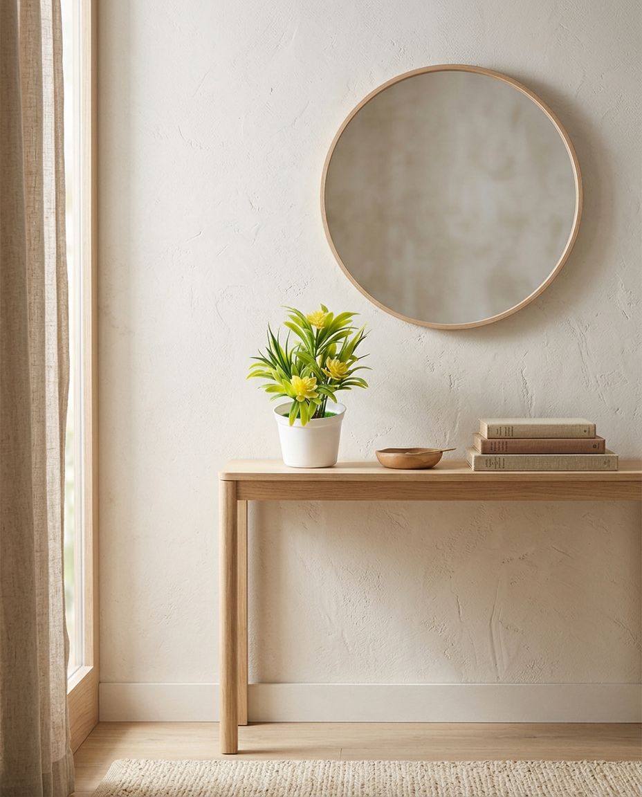 Artificial Flower Bonsai Pot — on a hallway console table in morning light