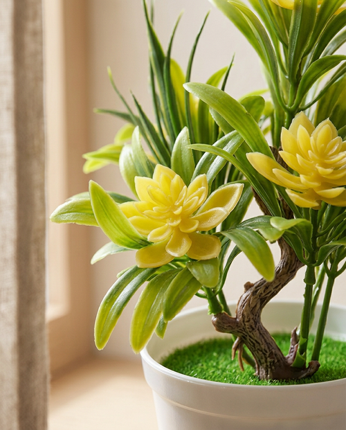 Artificial Flower Bonsai Pot — close detail of blossoms and branch structure