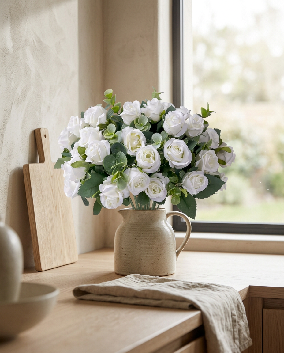 Faux Eucalyptus Bouquet — in a stoneware jug on a kitchen worktop