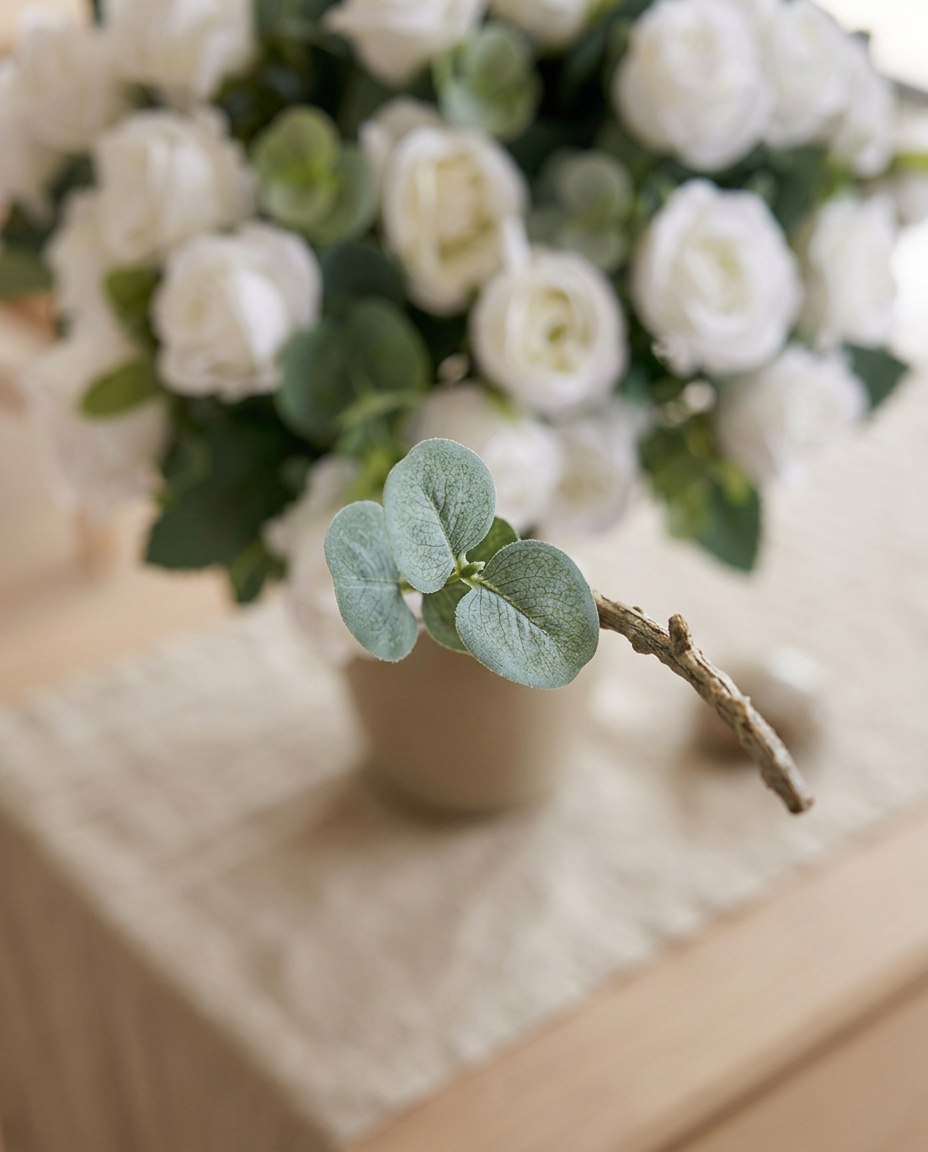 Faux Eucalyptus Bouquet — macro detail of the leaf surface and stem