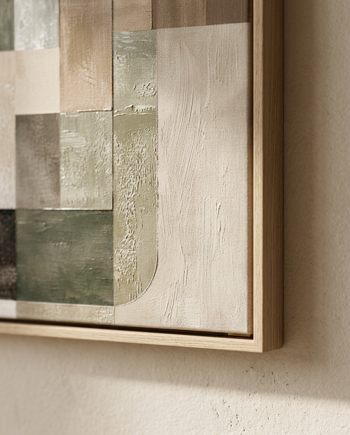 Abstract Japandi Oil Painting — raking-light detail of impasto brushwork and canvas weave